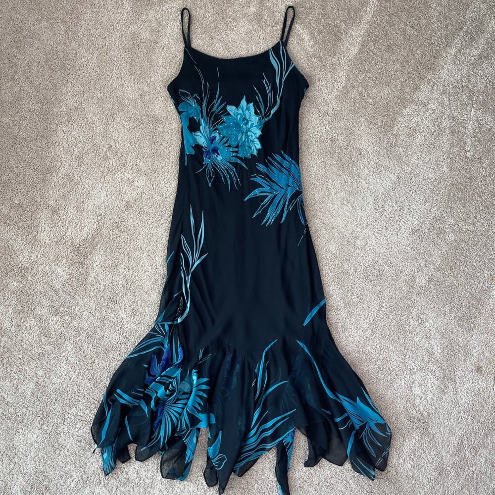 Eva Blue Dress Womens M Blue Floral Tropical Beaded Midi Y2K Whimsygoth Fairy